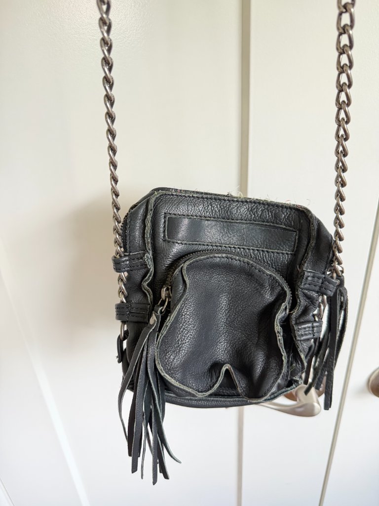 Cut N Paste Black Leather Fringe Chain Crossbody Bag